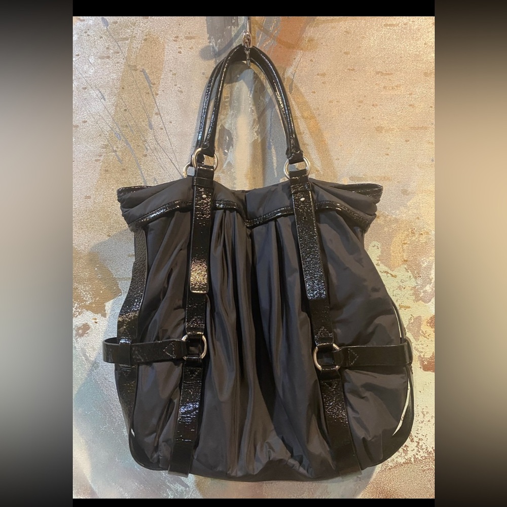 COLE HAAN “Kyle” Black Nylon & Patent Leather Pleated Tote Cross-Body Bag - GUC